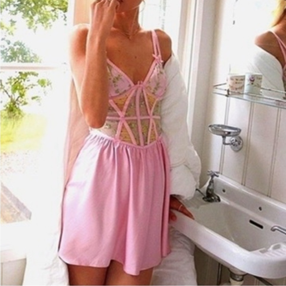 For Love & Lemons 💕 Camila slip dress size small pink and yellow corset dress